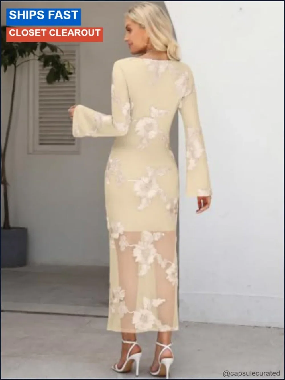 Caracilia Womens Bodycon Bell Long Sleeve Midi Wedding Guest Dress